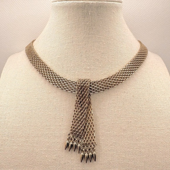 Jewelry - Vintage Woven Gold Tone Mesh Tie Collar Choker Necklace Tassel Drop Spike Fringe